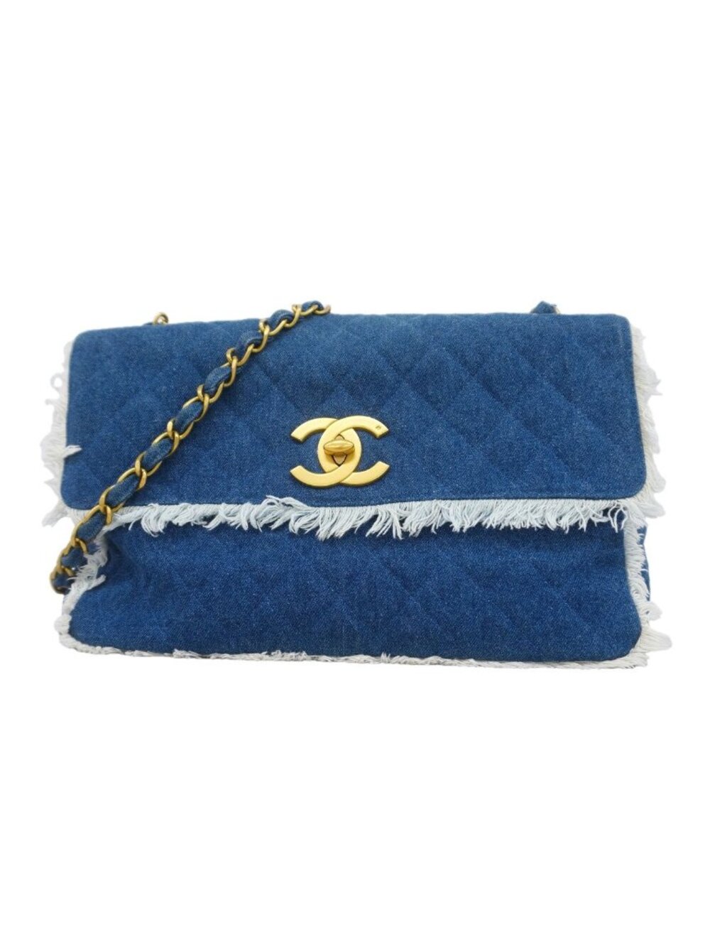 Chanel Shoulder Bag Maxi Quilted Denim Blue Gold